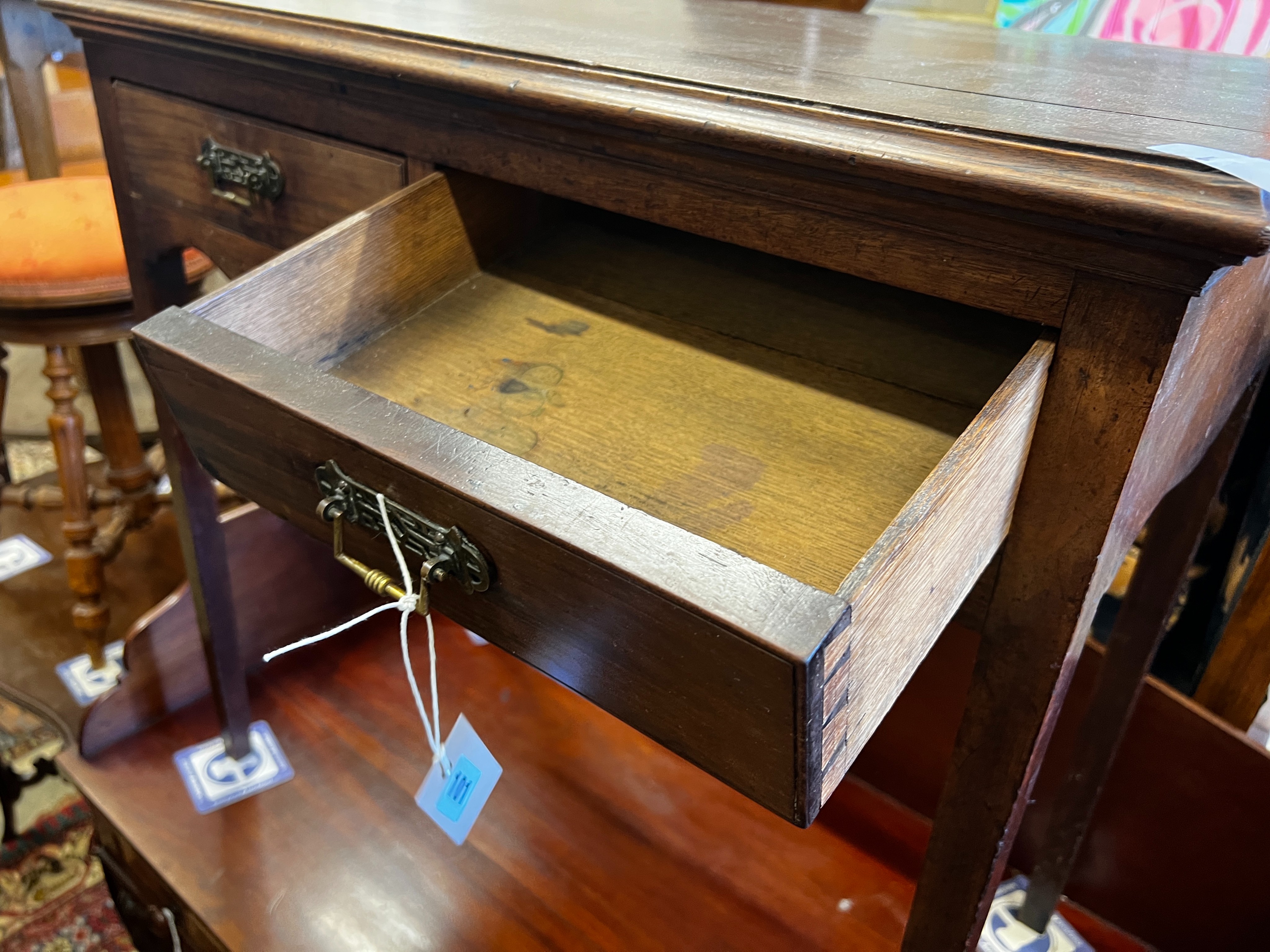 An early 19th century mahogany side table, width 76cm, depth 44cm, height 73cm together with a Victorian balloon back dining chair